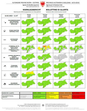 Questa sera in Bassa Atesina sono previste precipitazioni che di notte interesseranno la gran parte del territorio altoatesino. (Fonte: Bollettino d'allerta emesso dal Centro funzionale provinciale dell'Agenzia per la Protezione civile)