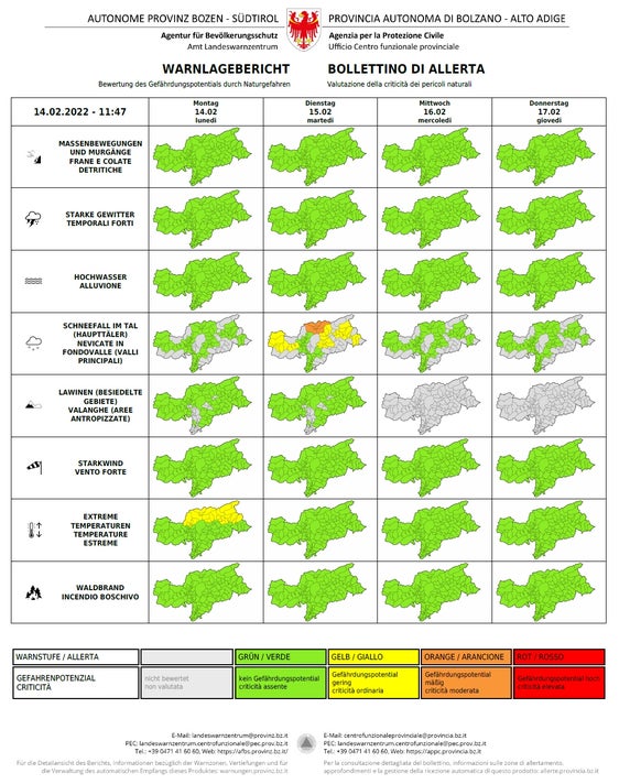 Am Abend setzen im Unterland Niederschläge ein, die sich in der Nacht auf den Großteil Südtirols ausbreiten. (Quelle: Warnlagebericht, herausgegeben vom Landeswarnzentrum  in der Agentur für Bevölkerungsschutz)