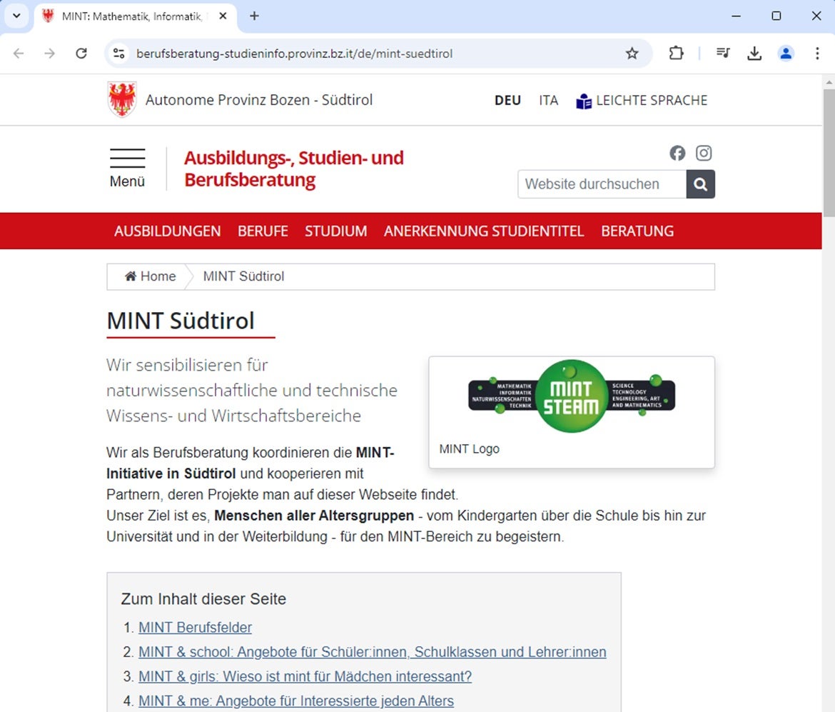 La homepage realiseda da nuef dëssa funziuné da plataforma zentrela per informazions de prupostes-MINT, abiné nfurmazions che reverda ciamps prufesciunei, prupostes per sculées y sculeies, tlasses, nseniantes y nsenianc, prupostes MINT spezificamënter per mutans y prupostes per uni età. (Foto: USP)