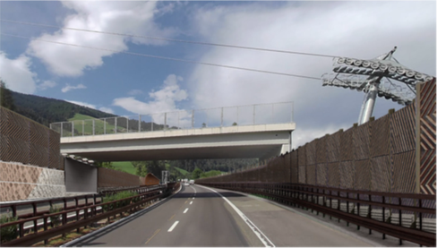 So sollen die zwei neuen Lärmschutzwände aussehen: Die Lärmschutzwand „Tschöfs Nord 2“ (rechts im Bild) wird entlang der nördlichen Fahrbahn der Autobahn errichtet und eine Gesamtlänge von 588 Metern aufweisen, die Lärmschutzwand „Tschöfs Süd 3“ (links im Bild) entlang der Südspur der Brennerautobahn eine Gesamtlänge von 593 Metern. (Rendering: Brennerautobahn AG)