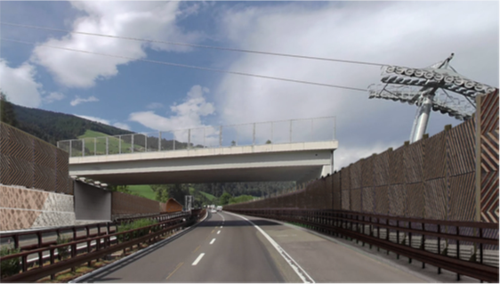 So sollen die zwei neuen Lärmschutzwände aussehen: Die Lärmschutzwand „Tschöfs Nord 2“ (rechts im Bild) wird entlang der nördlichen Fahrbahn der Autobahn errichtet und eine Gesamtlänge von 588 Metern aufweisen, die Lärmschutzwand „Tschöfs Süd 3“ (links im Bild) entlang der Südspur der Brennerautobahn eine Gesamtlänge von 593 Metern. (Rendering: Brennerautobahn AG) 