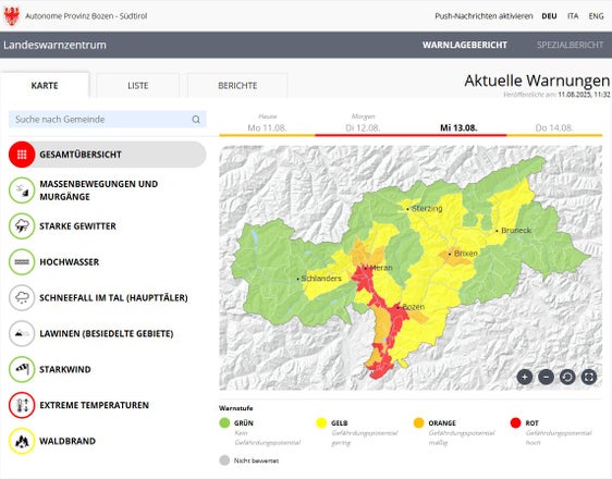 Wegen anhaltender extrem hoher Temperaturen und dementsprechender Belastung für die Gesundheit gilt im Raum Bozen, im Etschtal und im Unterland für den 12. und 13. August die höchste Stufe Rot und damit hohes Gefährdungspotential. (Screenshot Warnlagebericht des Landeswarnzentrums in der Agentur für Bevölkerungsschutz)
