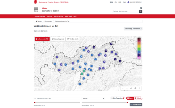 Das neue Wetterportal: die Wetterstationen im Tal (Screenshot)