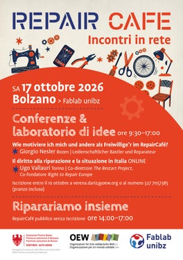 Il flyer sull'incontro di networking a tema Repair Café, che si terrà in occasione della Giornata internazionale della riparazione, il 17 ottobre al Fablab unibz a Bolzano. (Foto: USP/APPA/OEW/Fablab unibz)