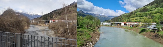 Das Landesamt für Wildbach- und Lawinenverbauung Nord hat den Mareiter Bach von 30.000 Tonnen Bachmaterial geräumt und damit die Hochwassersicherheit erhöht. Die Bilder entstanden vor (l.) und nach den Arbeiten. (Foto: LPA/Landesamt für WIldbach- und Lawinenverbauung Nord)