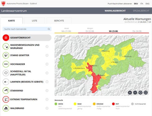 Das Gefährdungspotential ist aufgrund der anhaltenden extremen Temperaturen auf die Stufe Rot angehoben worden, dies gilt auch für den 23. August (Quelle: Warnlagebericht des Landeswarnzentrums in der Agentur für Bevölkerungsschutz)