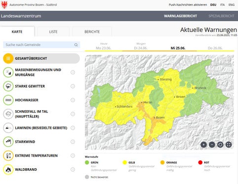 In weiten Teilen Südtirols besteht in diesen Tagen erhöhtes Gefährdungspotenzial im Hinblick auf Waldbrand. (Quelle: Warnlagebericht des Landeswarnzentrums in der Agentur für Bevölkerungsschutz)