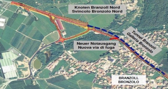 Il tracciato della nuova variante di Bronzolo per la cui costruzione è stata pubblicata la nuova gara d'appalto. (Foto: ASP/Ripartizione Infrastrutture)