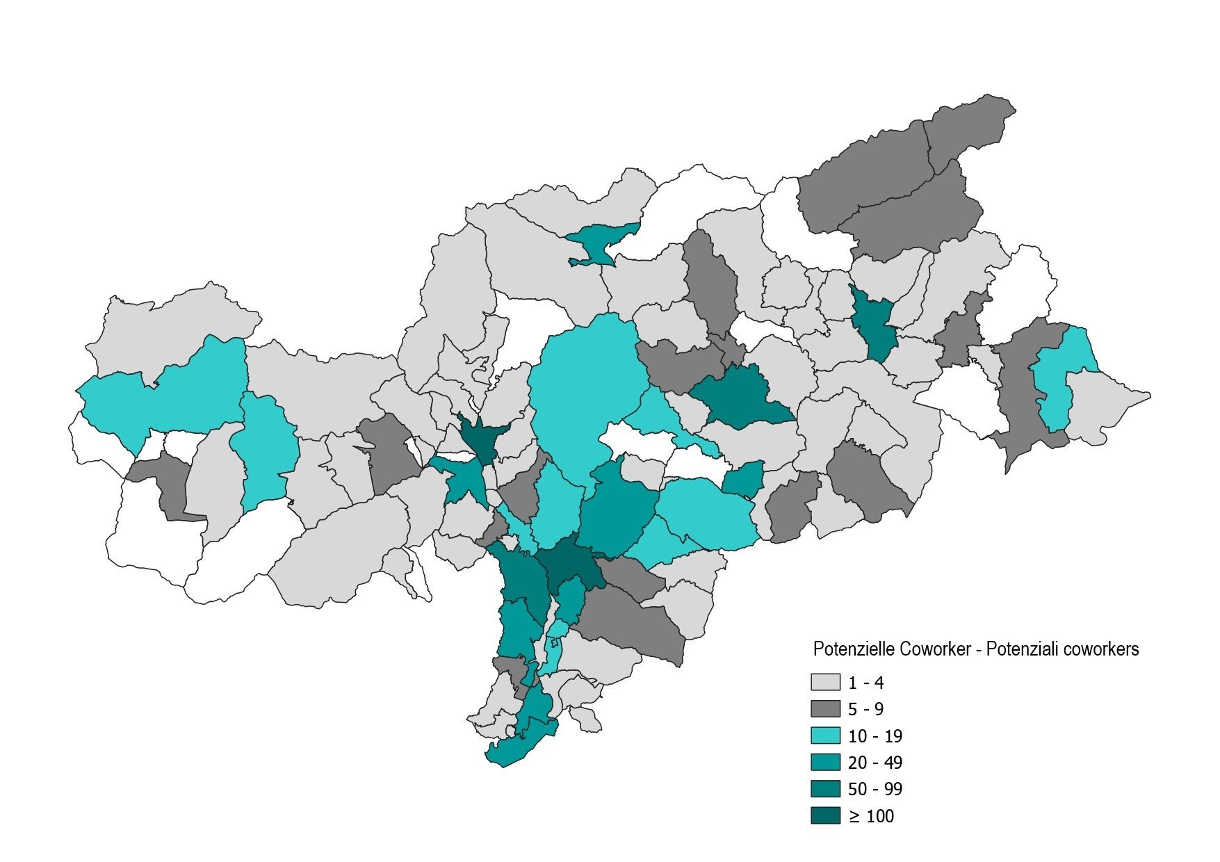 La distribuzione dei lavoratori del settore pubblico in Alto Adige interessati al coworking (Foto: ASP/Ufficio Organizzazione)