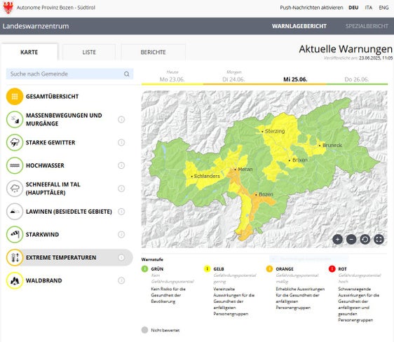 Für Mittwoch, 25. Juni, gilt wegen anhaltender extremer Temperaturen im angezeigten Gebiet die Warnstufe Orange. (Quelle: Landeswarnzentrum)