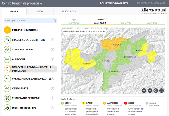 Dal pomeriggio odierno (5 marzo) e fino a mezzogiorno di mercoledì, è previsto il livello arancione nel bollettino di allerta del Centro Funzionale provinciale. Nevicate attese anche a fondovalle, massima prudenza sulle strade della provincia di Bolzano. Nell'immagine il report stilato dal Centro Funzionale provinciale (Foto: ASP/Centro funzionale provinciale)