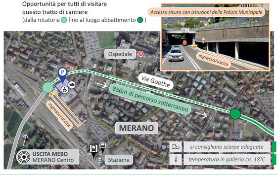 Die Grafik zeigt, welcher Abschnitt der Meraner Nordumfahrung besichtigt werden kann. Die Besucher werden am Kreisverkehr in der Bauhofstraße in den etwa 850 Meter langen Tunnel eingelassen. (Foto: LPA/Abteilung für Infrastrukturen und Mobilität)