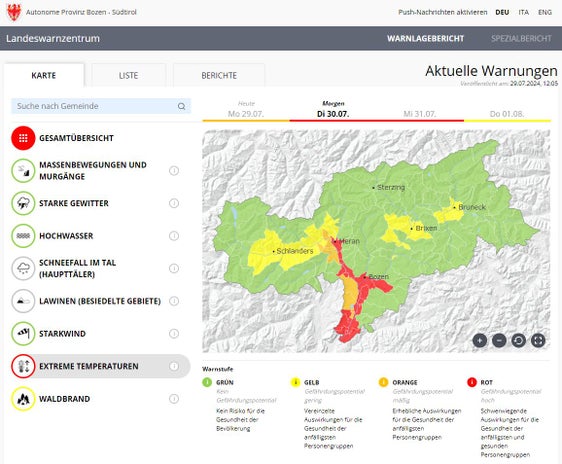 Im Warnlagebericht des Landeswarnzentrums in der Agentur für Bevölkerungsschutz scheint morgen für den Großraum Bozen, Überetsch, Unterland bis Meran die höchste Warnstufe Rot auf: Es ist wichtig, sich angemessen darauf einzustellen und zu verhalten, um sich selbst zu schützen. Gleichzeitig gilt für Vinschgau, Burggrafenamt, Etschtal, Unterland im Hinblick auf Waldbrand die Warnstufe Gelb. (Foto: Warnlagebericht des Landeswarnzentrums in der Agentur für Bevölkerungsschutz)