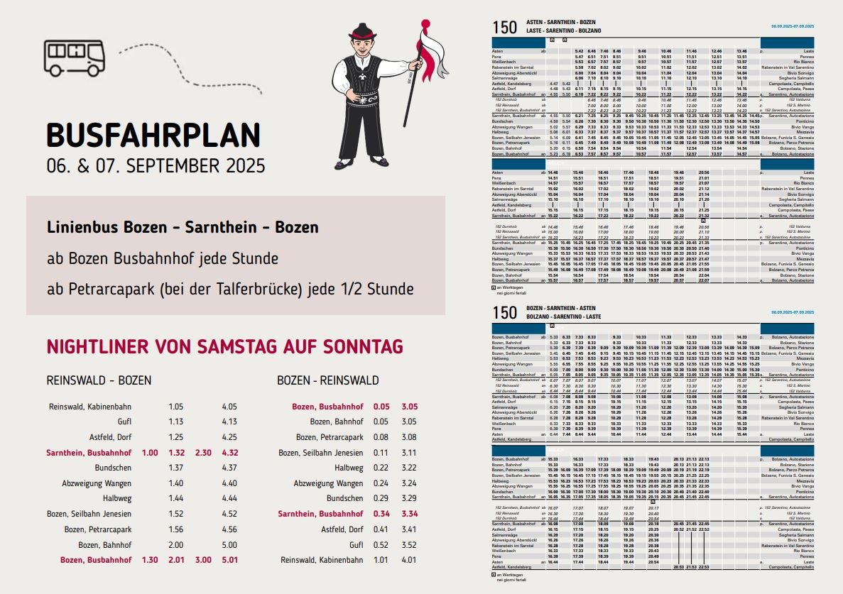 Der Sarner Kirchtag ist gut mit den öffentlichen Verkehrsmitteln erreichbar: Von Bozen starten im Halbstundentakt Busse nach Sarnthein, zusätzlich stehen Nightliner-Verbindungen zur Verfügung.  (Foto: LPA/STA)
