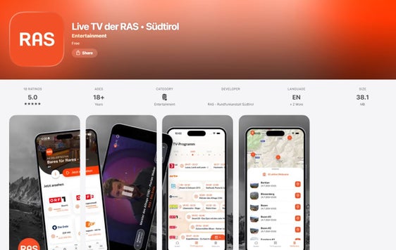 La Radiotelevisione Azienda Speciale della Provincia di Bolzano (RAS) ha riprogettato la sua app e l'ha dotata di numerose nuove funzioni che migliorano ulteriormente l'esperienza utente. (Foto: USP/RAS)