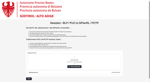 Ziel der neuen Anwendung  BLP/PUC to GPlanRL/PCTP ist es, die Umwandlung der aus dem newPlan-Portal exportierten kartografischen Daten der Bauleitpläne (BLP) in eine erste Basisversion des neuen Gemeindeplans zu erleichtern. (Screenshot: Landesamt für Landesplanung und Kartografie)