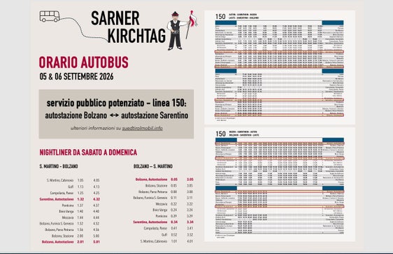 Gli orari dettagliati del servizio autobus durante i due giorni del Sarner Kirchtag. Nella sezione download è disponibile il file PDF con gli orari. (Foto: USP/altoadigemobilità)