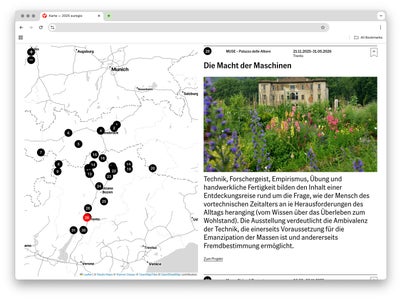 Landkarte auf der Museumsjahr-Website: Hier findet man alle Standorte in Tirol, Südtirol und im Trentino samt Projektbeschreibung und Termine. (Foto: Euregio)