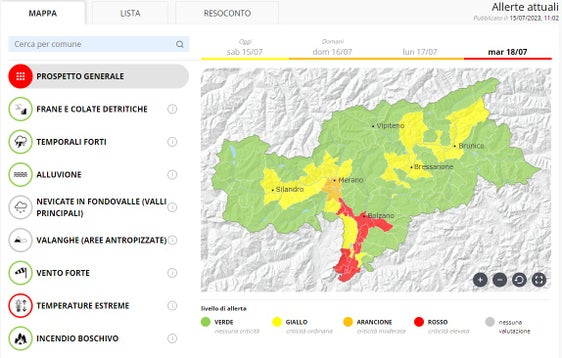 Livello rosso nel bollettino di allerta in alcuni comuni della Bassa Atesina e della Val d'Adige&nbsp;(Fonte: Bollettino di allerta del Centro funzionale provinciale dell'Agenzia per la protezione civile)