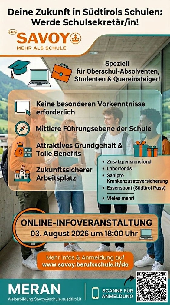 Die&nbsp;Landesberufsschule für das Gastgewerbe "Savoy"&nbsp;in Meran bietet ab dem Schuljahr&nbsp;2026/2027&nbsp;erstmals den neuen zweijährigen Ausbildungslehrgang zur Erlangung der Eignung als&nbsp;Schulsekretär beziehungsweise Schulsekretärin (VII. Funktionsebene)&nbsp;an. 