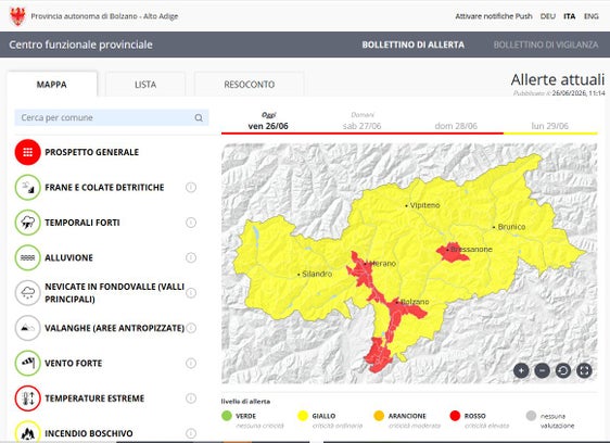 Elevato rischio a causa delle temperature estreme persistenti: nei prossimi giorni, a causa delle temperature eccezionalmente elevate che continuano a persistere nella zona intorno a Bolzano, Merano e Bressanone, nonché nell’Oltradige, nella Bassa Atesina e nella Valle dell’Adige, è in vigore il massimo livello di allerta, ovvero il rosso. (Grafico: Centro funzionale provinciale dell’Agenzia per la Protezione civile)