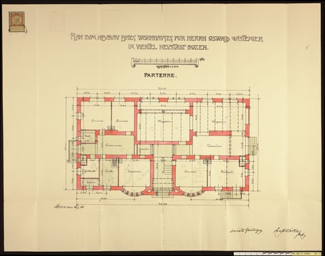 Die Villa Gasteiger wurde 1902 als dreigeschossiges Wohnhaus für den Bozner Oswald Gasteiger errichtet: Um das zentrale Treppenhaus gruppieren sich zweigroßzügig bemessene Wohneinheiten pro Geschoss (Foto: LPA/Landesdenkmalamt)