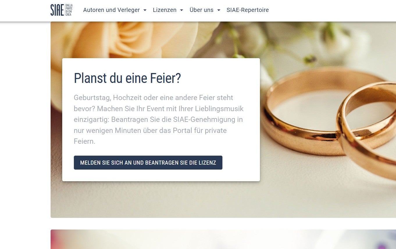 La homepage del sito della SIAE, ora anche in tedesco: un traguardo storico per il mondo dell'associazionismo altoatesino. (Foto: USP/SIAE)