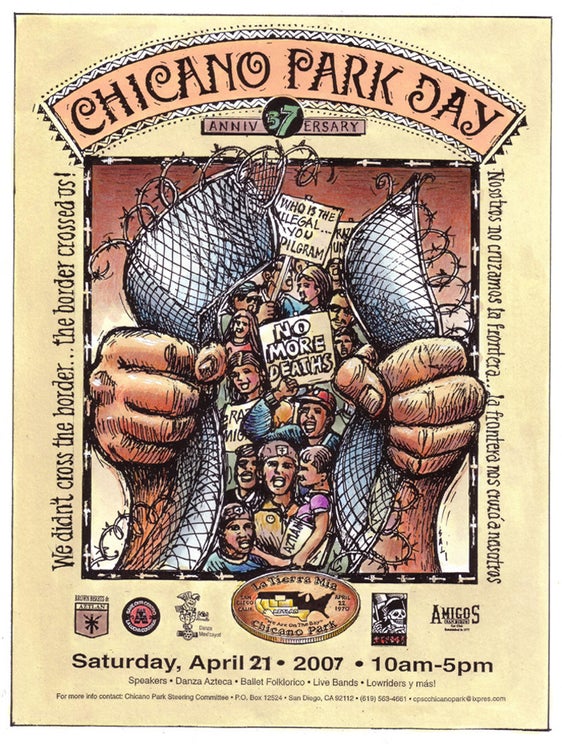 Michael Falser beleuchtet unter anderem den Chicano Park im südkalifornischen San Diego/USA, wo eine mexikanisch-amerikanische Arbeitergemeinde Ausgrenzungspolitik mit monumentalen Graffiti-Kunstwerken begegnet. (Grafik: Chicano Park Steering Committee)