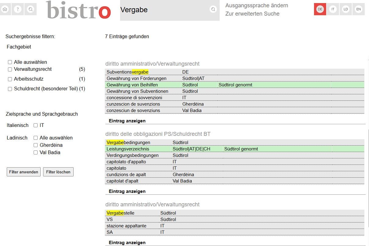 Die genormte Terminologie zum Vergaberecht wurde am 25. September im Amtsblatt der Region veröffentlicht. Das Wörterverzeichnis wird in der Datenbank bistro der Eurac (im Bild) digital für alle zugänglich gemacht. (Foto: LPA)