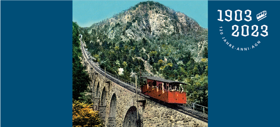 Il manifesto che celebra i 120 anni della funicolare della Mendola (Foto: ASP/Sta - Strutture Trasporti Alto Adige SpA)