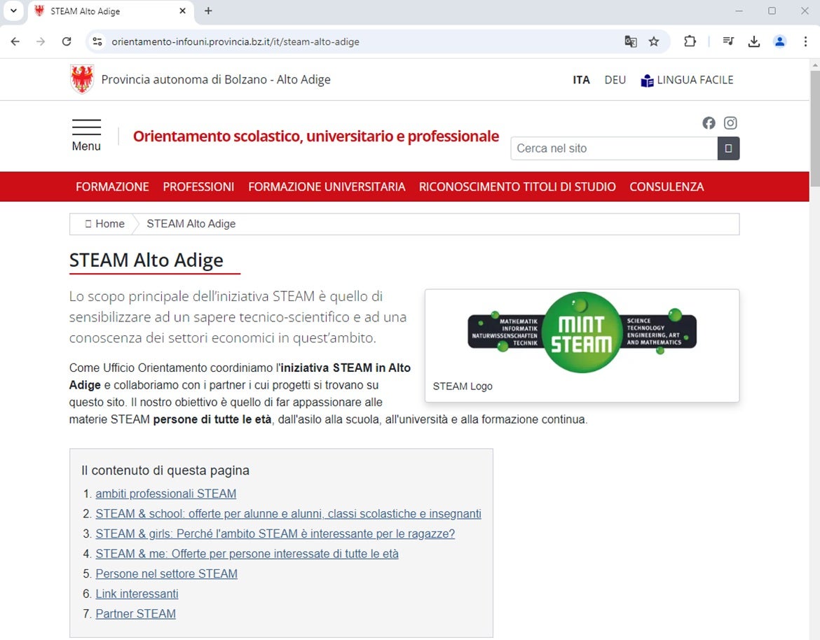 La homepage STEAM Alto Adige funge da piattaforma centrale per le informazioni sui programmi STEAM. (Foto: USP/Ufficio Orientamento scolastico, universitario e professionale) 