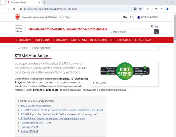La homepage STEAM Alto Adige funge da piattaforma centrale per le informazioni sui programmi STEAM. (Foto: USP/Ufficio Orientamento scolastico, universitario e professionale) 