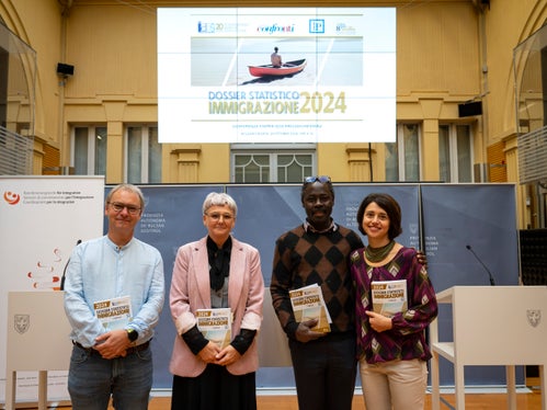 Presentati oggi i dati più importanti sull'immigrazione 2024 con (da sinistra) Matthias Oberbacher, Michela Morandini,  Fernando Biague e Daniela Zambaldi (Foto: USP/Fabio Brucculeri)