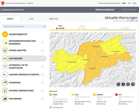 Aus dem Warnlagebericht geht hervor, in welchen Zonen das Gefährdungspotential im Hinblick auf Hochwasser mit der zweithöchsten Warnstufe Orange eingestuft wird. (Quelle: Warnlagebericht des Landeswarnzentrums in der Agentur für Bevölkerungsschutz)