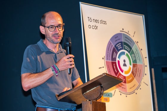 Christoph J. Amor della Facoltà di Filosofia e Teologia di Bressanone ha illustrato come le concezioni dell’essere umano influenzino la pratica didattica. (Foto: USP/Direzione Istruzione, Formazione e Cultura ladina/Bruno Ferdigg)