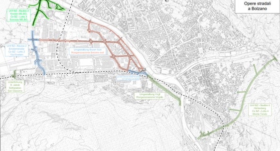 La mappa planimetrica delle opere previste a Bolzano per migliorare la viabilità del capoluogo. Nei download sono disponibili il documento pdf della planimetria e il documento con i rispettivi importi delle opere. (Foto: USP/Dipartimento Infrastrutture e Mobilità)