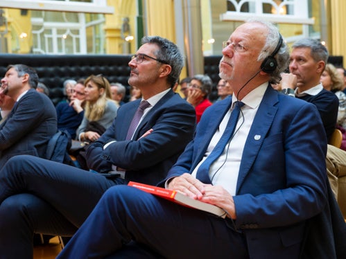 Il rappresentante dell'ONU per i diritti delle minoranze, Fernand de Varennes, e il presidente Arno Kompatscher (Foto: ASP/Fabio Brucculeri)