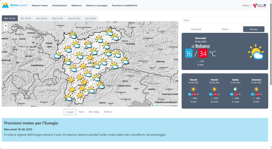 Der Euregio-Wetterbericht (im Bild mit Vorhersage für Bozen) ist unter https://meteo.report/ abrufbar. (Foto: LPA/Amt für Meteorologie und Lawinenwarnung)