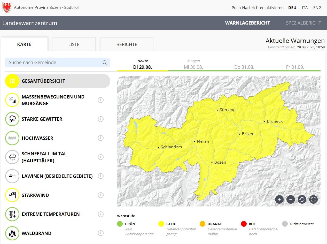 Im heutigen Warnlagebericht scheint die Stufe Gelb und damit geringes Gefährdungspotential im Hinblick auf Massenbewegungen und Murgänge sowie Starkwind auf, das Gefährdungspotential für Hochwasser ist hingegen auf Grün (kein Gefährdungspotential) gesunken. (Quelle: Warnlagebericht des Landeswarnzentrums in der Agentur für Bevölkerungsschutz)
