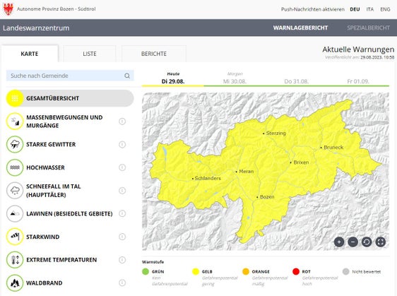 Im heutigen Warnlagebericht scheint die Stufe Gelb und damit geringes Gefährdungspotential im Hinblick auf Massenbewegungen und Murgänge sowie Starkwind auf, das Gefährdungspotential für Hochwasser ist hingegen auf Grün (kein Gefährdungspotential) gesunken. (Quelle: Warnlagebericht des Landeswarnzentrums in der Agentur für Bevölkerungsschutz)