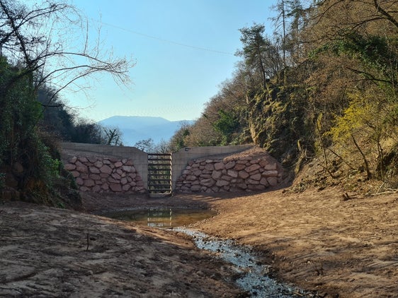 Die neue Filtersperre im Fagenbach (im Bild von der Talseite aus gesehen) rund 25 Meter oberhalb der bereits bestehenden Sperre (Foto: LPA/Landesamt für Wildbach- und Lawinenverbauung Nord)