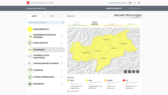 Warnlagebericht vom Dienstag, 8. Oktober: die Warnstufe steigt im Hinblick auf die Hochwassergefahr auf Gelb (Foto: Warnlagebericht des Landeswarnzentrums in der Agentur für Bevölkerungsschutz)