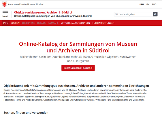 Objekte aus Südtiroler Museen, Sammlungen und Archiven sind auf einer neu gestalteten Webseite einsehbar. (Screenshot: Amt für Museen und museale Forschung)