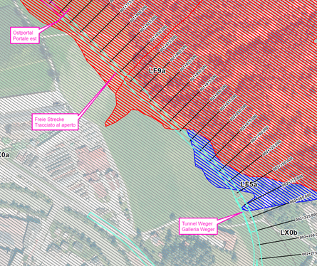 Il Piano delle zone di pericolo di Chienes nel tratto tra il portale Est della galleria principale e la galleria Weger (Fonte: Ufficio tecnico strade Nord-Est)