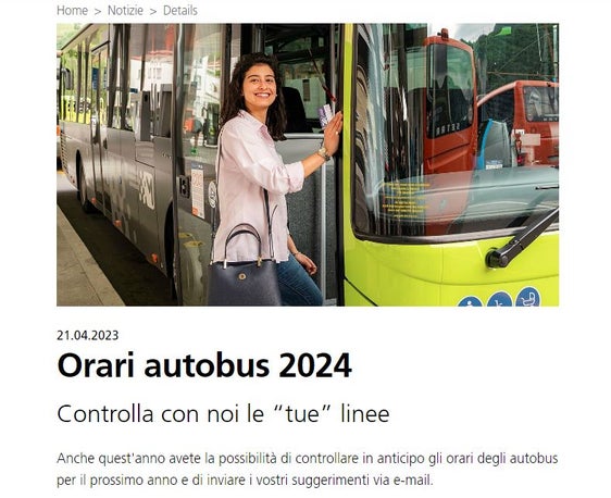 La pagina del sito di altoadigemobilità che ospita l'anteprima degli orari degli autobus (Foto: ASP/altoadigemobilità)