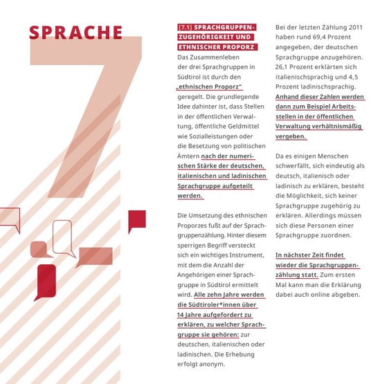 Anlässlich der 50-Jahr-Jubiläums des Zweiten Autonomiestatuts wurde das Ratespiel "Kennst Du Deine Heimat?" neu belebt. Der Abschnitt 7 ist der Sprache, der Sprachgruppenzugehörigkeit und der Sprachgruppenzählung gewidmet. Die gesamte Broschüre unter https://www.kennstdudeineheimat.it/.