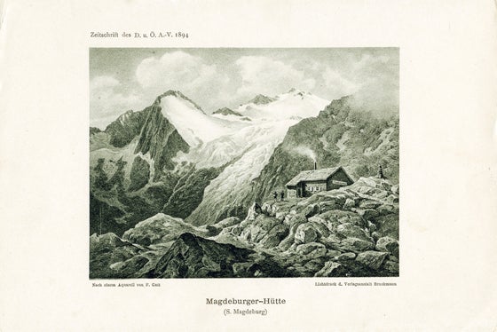 Neben 22 fotografischen Vergleichen von Gletschern aus dem Trentino, Südtirol und Tirol zeigt die Ausstellung Goodbye Glaciers. Forever? Messinstrumente aus den Bereichen Glaziologie, Hydrologie, Meteorologie sowie Erkenntnisse aus dem Gletscherschwund. Auf Monitoren werden die jüngsten Entwicklungen beobachtet, und zwar sowohl durch Foto-Webcams als auch durch Satelliten. Unter anderem zu sehen ist der Feuersteinferner in Pflersch im Jahr 1894, dargestellt in einem Aquarell von Ferdinand Gatt. (Foto: LPA/Archiv Deutscher Alpenverein)