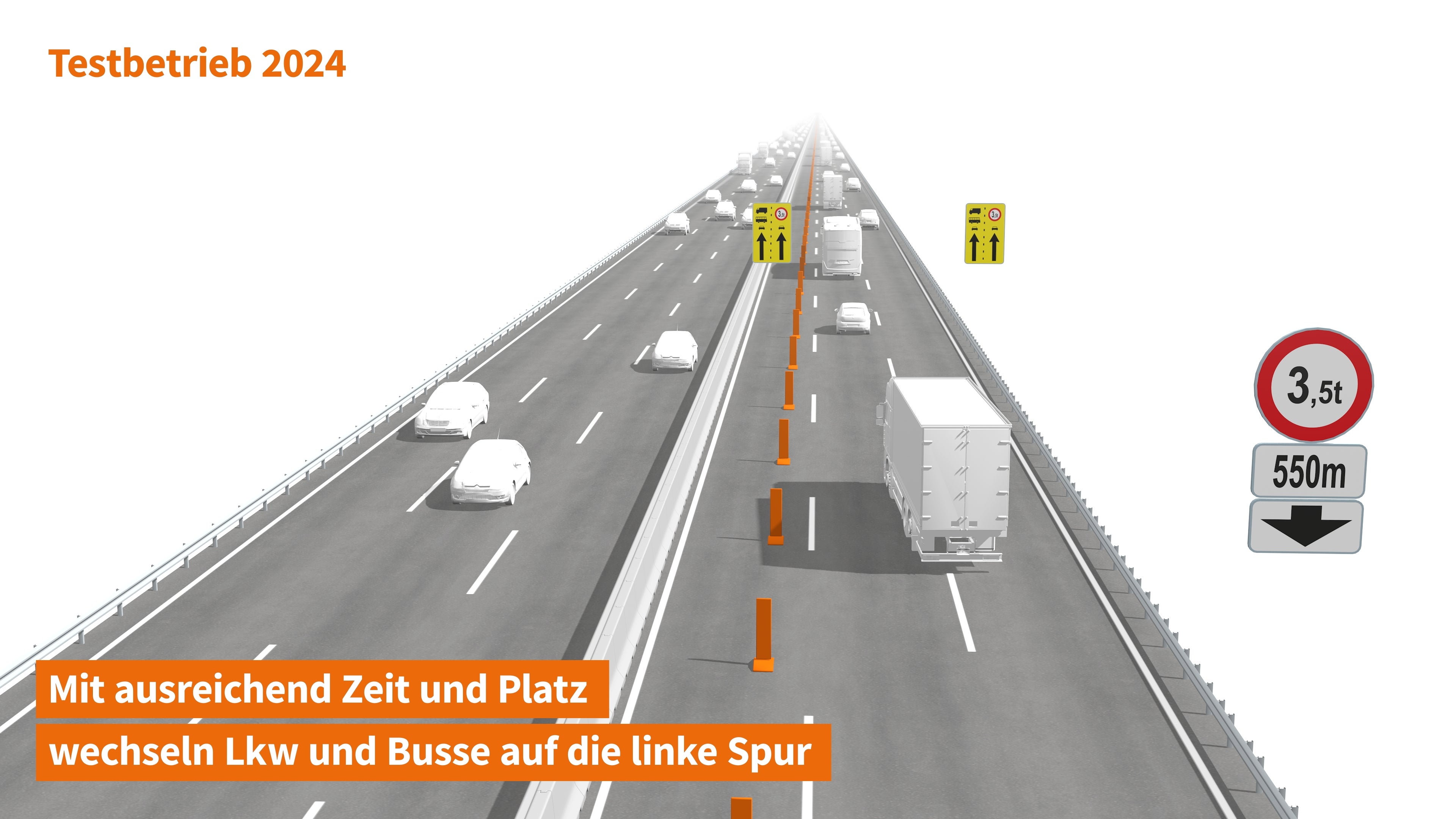 Der österreichische Autobahnbetreiber ASFINAG prüft mit Blick auf die Sanierung der Luegbrücke ab dieser Woche die Auswirkungen der Führung sämtlicher Fahrzeuge über 3,5 Tonnen auf den linken Fahrstreifen. Landeshauptmann Arno Kompatscher und Landesrat Daniel Alfreider begrüßen den Testbetrieb. (Foto: ASFINAG)