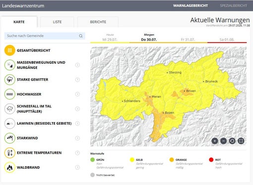 A partire da giovedì 30 luglio, a causa delle temperature estreme, in alcune zone dell’Alto Adige è in vigore l’allerta di livello arancione. (Fonte: Centro funzionale provinciale dell’Agenzia per la Protezione civile)
