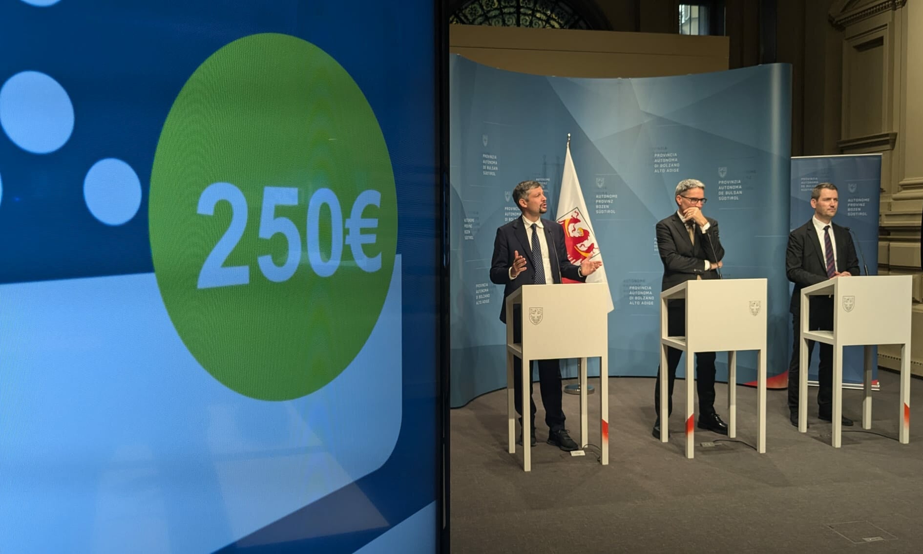 Landesrat Daniel Alfreider, Landeshauptmann Arno Kompatscher und der Direktor des Ressorts für Mobilität Martin Vallazza haben das neue Festpreis-Abo vorgestellt: Für 250 Euro kann man ein Jahr alle Öffis nutzen. (Foto: LPA/Ingo Dejaco)